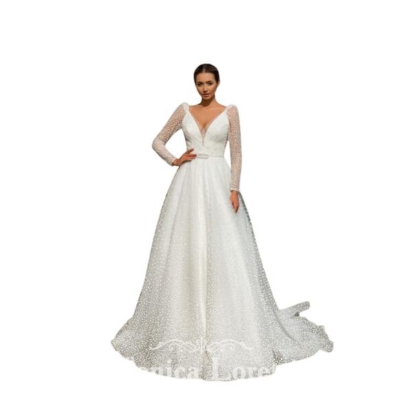 Monica Loretti Wedding Dress Style #8188 SZ 12 White With Sheer Sleeves - Picture 1 of 16